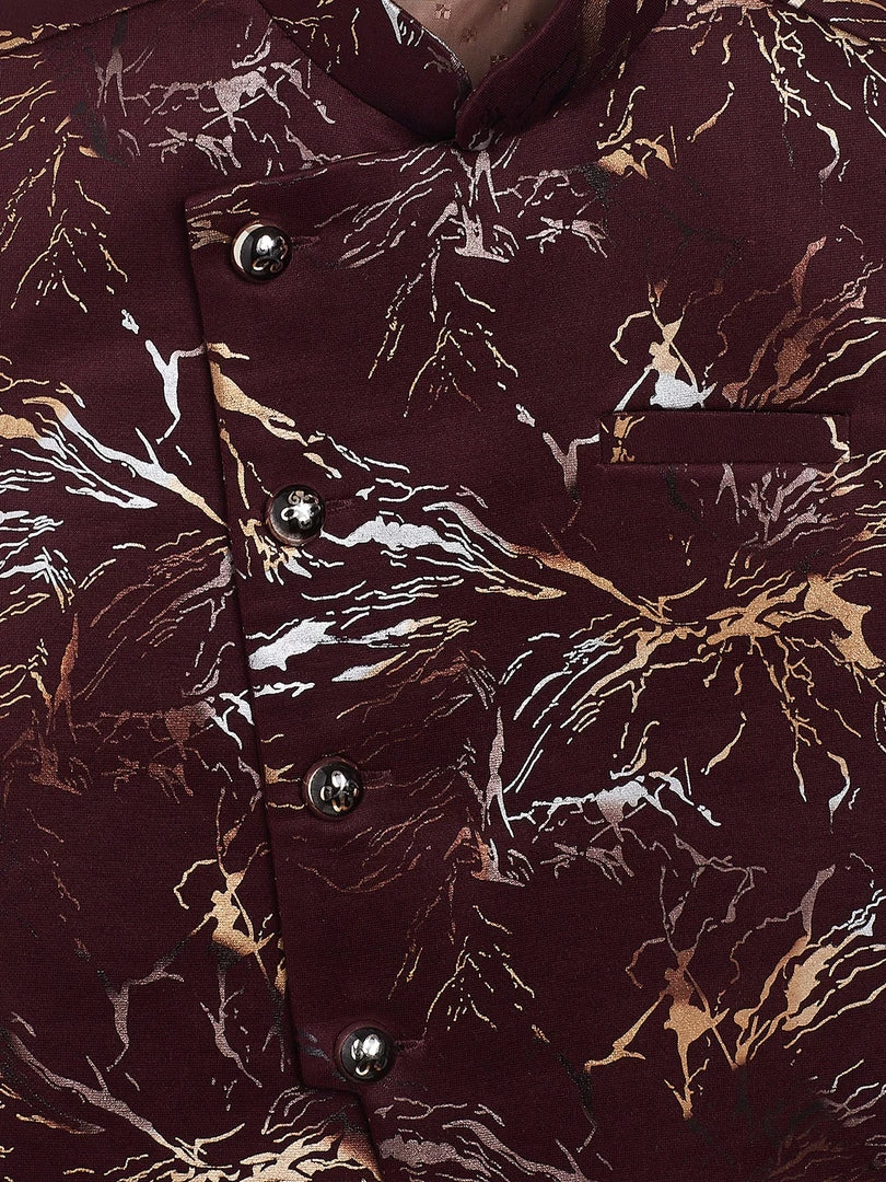 JBN Creation Boys Maroon Scuba Foil Print Nehru Jacket 4 JBN Creation Boys Maroon Scuba Foil Print Nehru Jacket