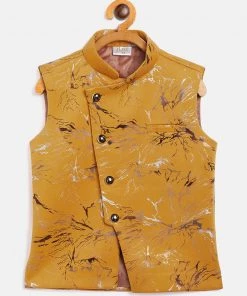 JBN Creation Yellow Scuba Foil Print Nehru Jacket Boys