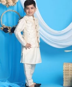 Vastramay Cream And Gold Silk Blend Siblings Set