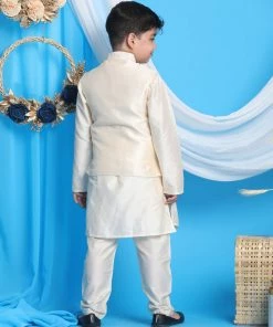 Vastramay Cream And Gold Silk Blend Siblings Set