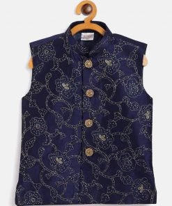 JBN Creation Navy Blue Silk Blend Embroidered Nehru Jacket