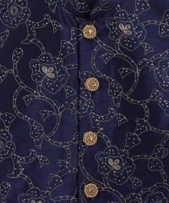 JBN Creation Navy Blue Silk Blend Embroidered Nehru Jacket