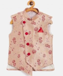 JBN Creation Boys Maroon Asymmetric Banarasi Brocade Nehru Jacket