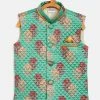 JBN Creation Boys Green & Maroon Printed Slim Fit Woven Nehru Jacket