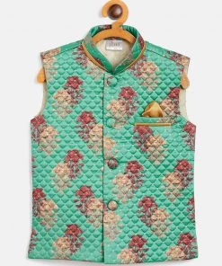 JBN Creation Boys Green & Maroon Printed Slim Fit Woven Nehru Jacket
