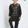 JBN Creation Boys' Black Cotton Silk Blend Kurta, Nehru Jacket And Pyjama Set