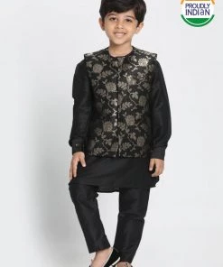 JBN Creation Boys' Black Cotton Silk Blend Kurta, Nehru Jacket And Pyjama Set