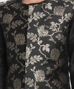 JBN Creation Boys' Black Cotton Silk Blend Kurta, Nehru Jacket And Pyjama Set