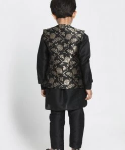 JBN Creation Boys' Black Cotton Silk Blend Kurta, Nehru Jacket And Pyjama Set