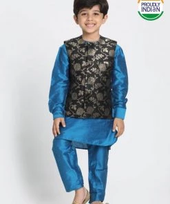 JBN Creation Boys' Light Blue Cotton Silk Blend Kurta, Nehru Jacket And Pyjama Set