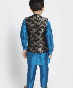 JBN Creation Boys' Light Blue Cotton Silk Blend Kurta, Nehru Jacket And Pyjama Set