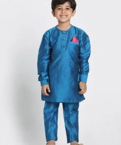 JBN Creation Boys' Light Blue Cotton Silk Blend Kurta, Nehru Jacket And Pyjama Set
