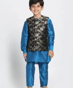 JBN Creation Boys' Light Blue Cotton Silk Blend Kurta, Nehru Jacket And Pyjama Set