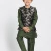 JBN Creation Boys' Dark Green Cotton Silk Blend Kurta, Nehru Jacket And Pyjama Set Buy 1 Get 1