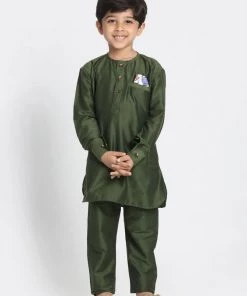 JBN Creation Boys' Dark Green Cotton Silk Blend Kurta, Nehru Jacket And Pyjama Set Buy 1 Get 1