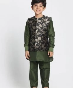 JBN Creation Boys' Dark Green Cotton Silk Blend Kurta, Nehru Jacket And Pyjama Set Buy 1 Get 1
