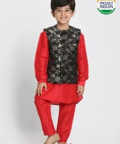 JBN Creation Boys' Red Cotton Silk Blend Kurta, Nehru Jacket And Pyjama Set