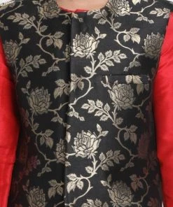 JBN Creation Boys' Red Cotton Silk Blend Kurta, Nehru Jacket And Pyjama Set