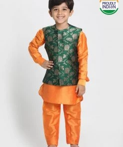 JBN Creation Boys' Orange Cotton Silk Blend Kurta, Nehru Jacket And Pyjama Set