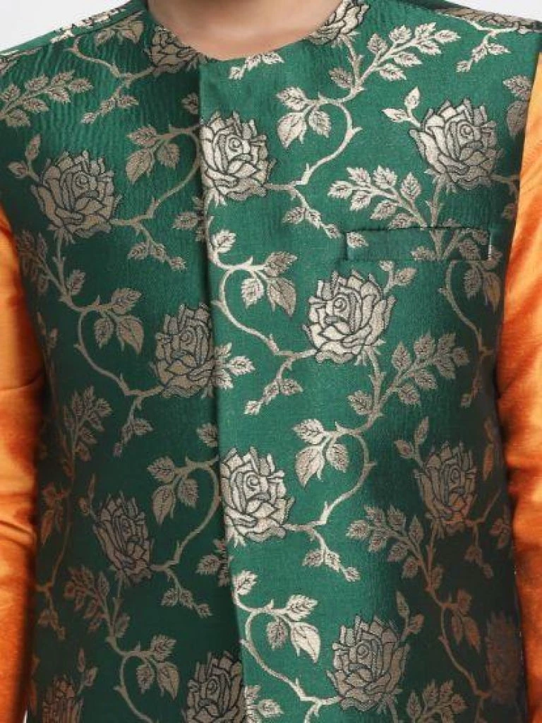 JBN Creation Boys' Orange Cotton Silk Blend Kurta, Nehru Jacket And Pyjama Set 4 JBN Creation Boys' Orange Cotton Silk Blend Kurta, Nehru Jacket And Pyjama Set