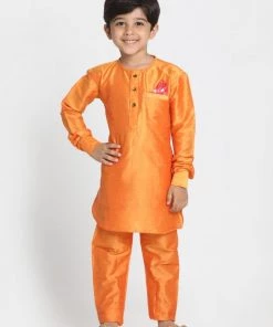 JBN Creation Boys' Orange Cotton Silk Blend Kurta, Nehru Jacket And Pyjama Set 12 JBN Creation Boys' Orange Cotton Silk Blend Kurta, Nehru Jacket And Pyjama Set