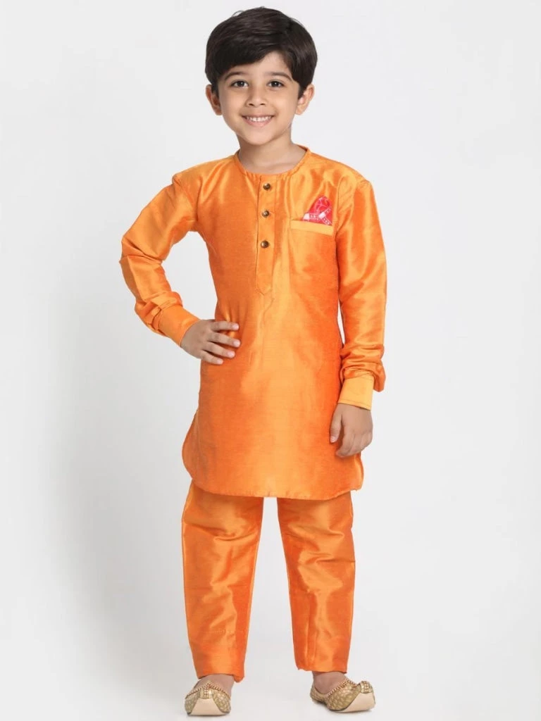 JBN Creation Boys' Orange Cotton Silk Blend Kurta, Nehru Jacket And Pyjama Set 6 JBN Creation Boys' Orange Cotton Silk Blend Kurta, Nehru Jacket And Pyjama Set