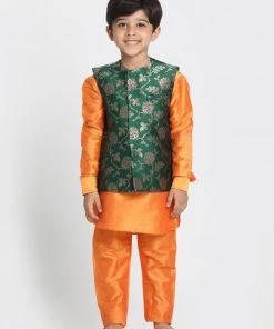 JBN Creation Boys' Orange Cotton Silk Blend Kurta, Nehru Jacket And Pyjama Set 14 JBN Creation Boys' Orange Cotton Silk Blend Kurta, Nehru Jacket And Pyjama Set