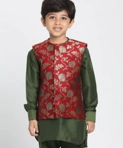 JBN Creation Boys' Maroon Cotton Silk Blend Nehru Jacket