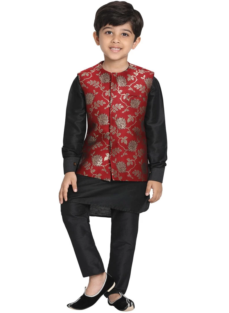 JBN Creation Boys' Maroon Cotton Silk Blend Kurta, Nehru Jacket And Pyjama Set 3 JBN Creation Boys' Maroon Cotton Silk Blend Kurta, Nehru Jacket And Pyjama Set