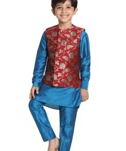 JBN Creation Buy 1 Get 1 Boys' Light Blue Cotton Silk Blend Kurta, Nehru Jacket And Pyjama Set
