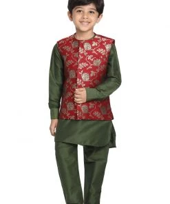 JBN Creation Boys' Dark Green Cotton Silk Blend Kurta, Nehru Jacket And Pyjama Set Buy 1 Get 1