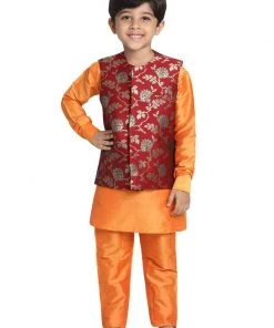JBN Creation Boys' Orange Cotton Silk Blend Kurta, Nehru Jacket And Pyjama Set