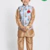 JBN Creation Boys' Gold Cotton Silk Blend Kurta, Nehru Jacket And Pyjama Set