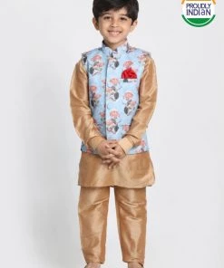 JBN Creation Boys' Gold Cotton Silk Blend Kurta, Nehru Jacket And Pyjama Set