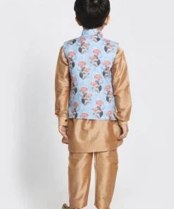 JBN Creation Boys' Gold Cotton Silk Blend Kurta, Nehru Jacket And Pyjama Set
