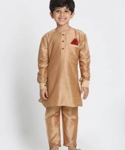 JBN Creation Boys' Gold Cotton Silk Blend Kurta, Nehru Jacket And Pyjama Set