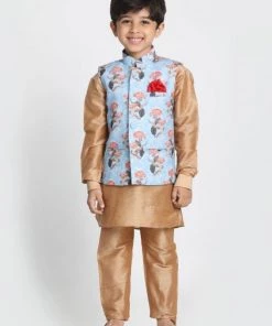 JBN Creation Boys' Gold Cotton Silk Blend Kurta, Nehru Jacket And Pyjama Set