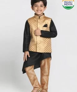 JBN Creation Boys' Gold Cotton Silk Blend Kurta, Gold Nehru Jacket And Pyjama Set