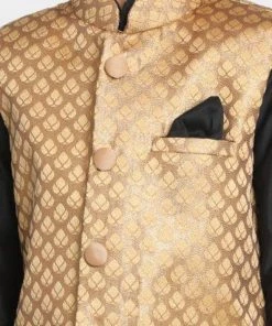 JBN Creation Boys' Gold Cotton Silk Blend Kurta, Gold Nehru Jacket And Pyjama Set