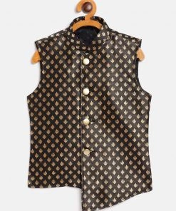JBN Creation Boys Black Asymmetric Brocade Nehru Jacket