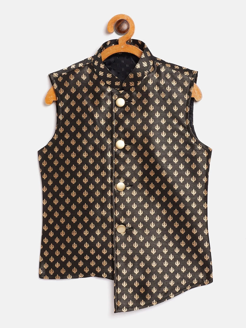JBN Creation Boys Black Asymmetric Brocade Nehru Jacket 3 JBN Creation Boys Black Asymmetric Brocade Nehru Jacket