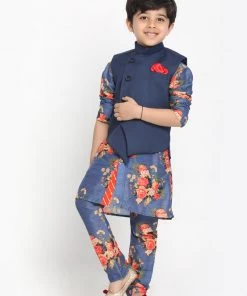 Vastramay Multicolored-Base-Blue Baap Beta Jacket Kurta Pyjama Set 21 Vastramay Multicolored-Base-Blue Baap Beta Jacket Kurta Pyjama Set