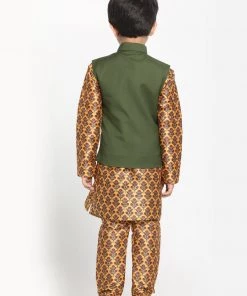 JBN Creation Boys Green Twill Jacket, Printed Kurta And Pyjama Set