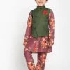 JBN Creation Green Twill Jacket, Printed Kurta And Pyjama Set Boys