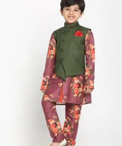 Vastramay Multicolored-Base-Purple Baap Beta Jacket Kurta Pyjama Set