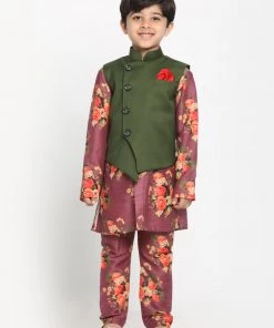 JBN Creation Green Twill Jacket, Printed Kurta And Pyjama Set Boys