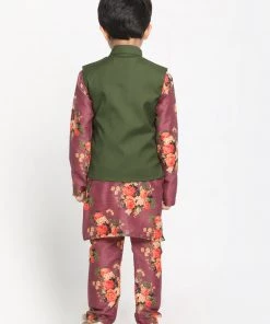 JBN Creation Green Twill Jacket, Printed Kurta And Pyjama Set Boys