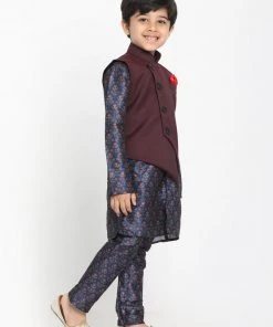 JBN Creation Maroon Twill Jacket, Printed Kurta And Pyjama Set Boys