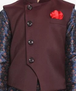 JBN Creation Maroon Twill Jacket, Printed Kurta And Pyjama Set Boys