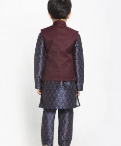 JBN Creation Maroon Twill Jacket, Printed Kurta And Pyjama Set Boys